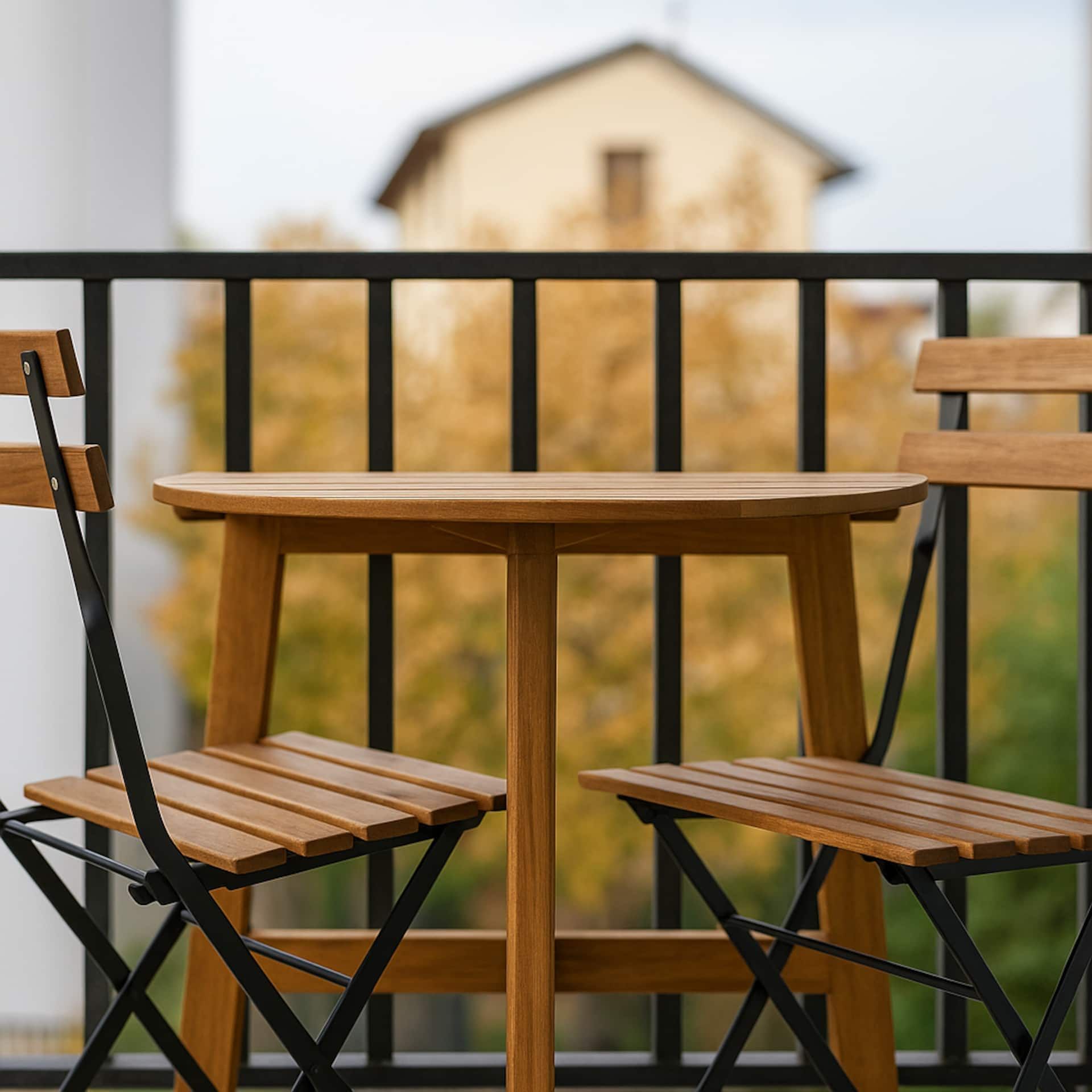 Un balconcino privato per la colazione all’aria aperta o un aperitivo: tavolino e sedie pieghevoli in legno, affacciati su un tranquillo cortile interno, lontano dal traffico.