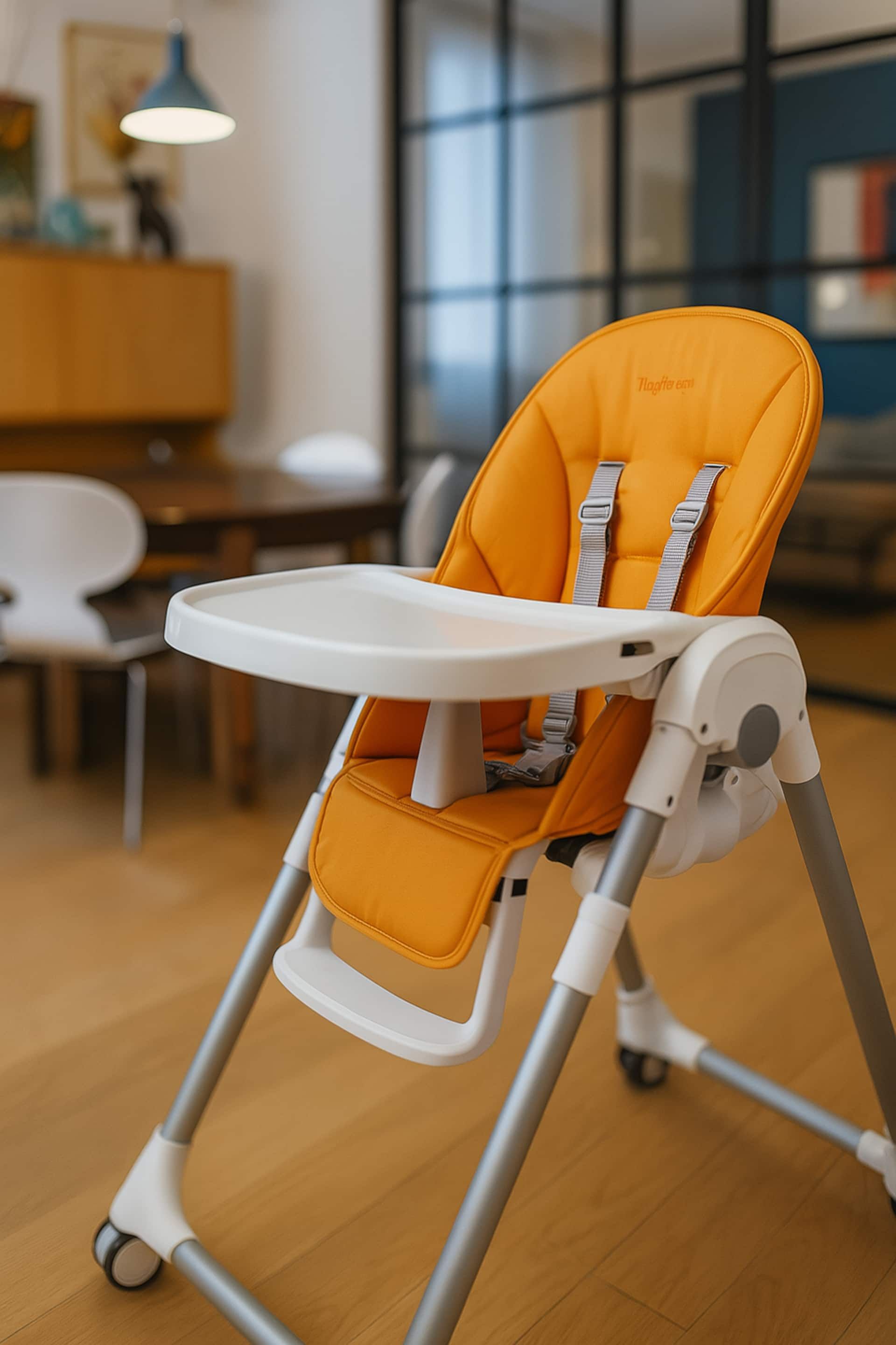 Un seggiolone omologato, sicuro e regolabile in altezza, ideale per accompagnare il bambino durante i pasti. Completo di vassoio removibile. Su richiesta.